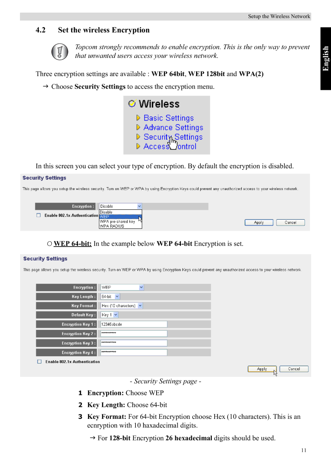 Topcom WBR 7121 manual Set the wireless Encryption, Security Settings, Encryption Choose WEP 