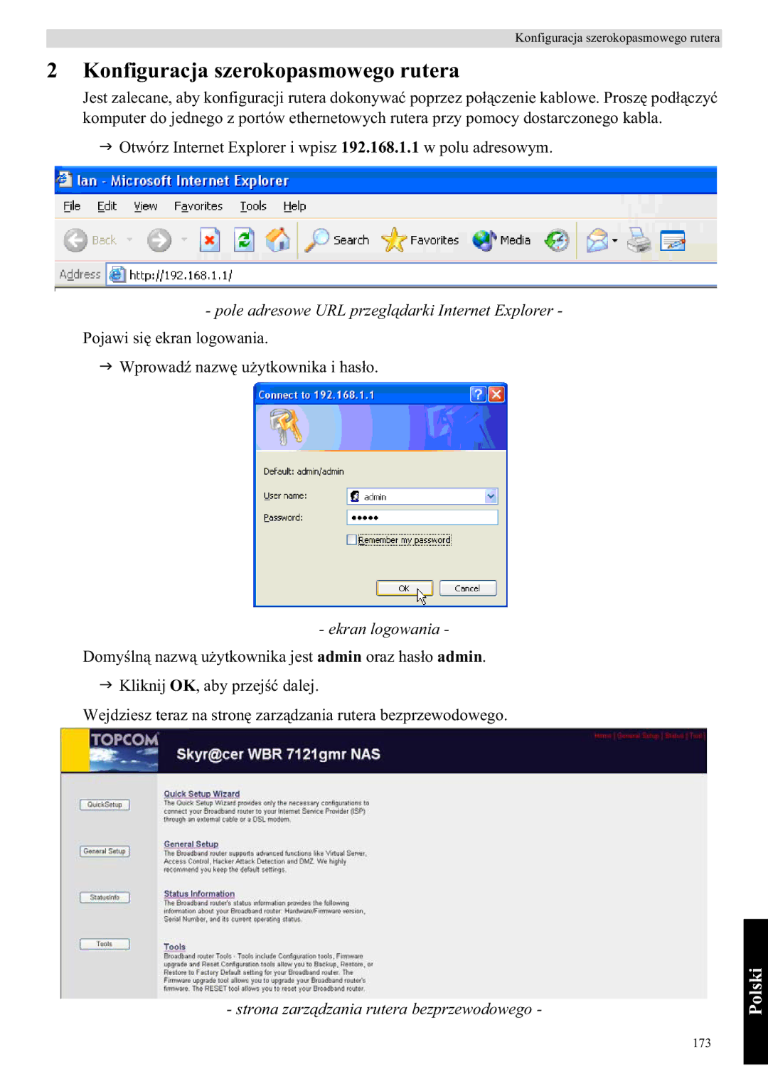 Topcom WBR 7121 Konfiguracja szerokopasmowego rutera, Pole adresowe URL przegldarki Internet Explorer, Ekran logowania 