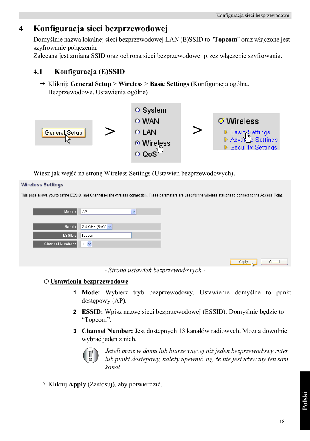 Topcom WBR 7121 manual Konfiguracja sieci bezprzewodowej, Konfiguracja Essid, Strona ustawie, Ustawienia bezprzewodowe 