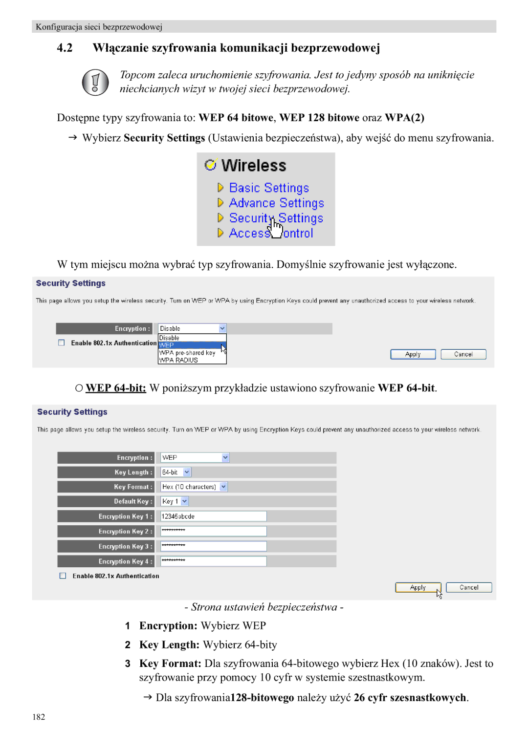 Topcom WBR 7121 Wowania komunikacji bezprzewodowej, WEP 64-bit W poniprzykustawiono szyfrowanie, Encryption Wybierz WEP 