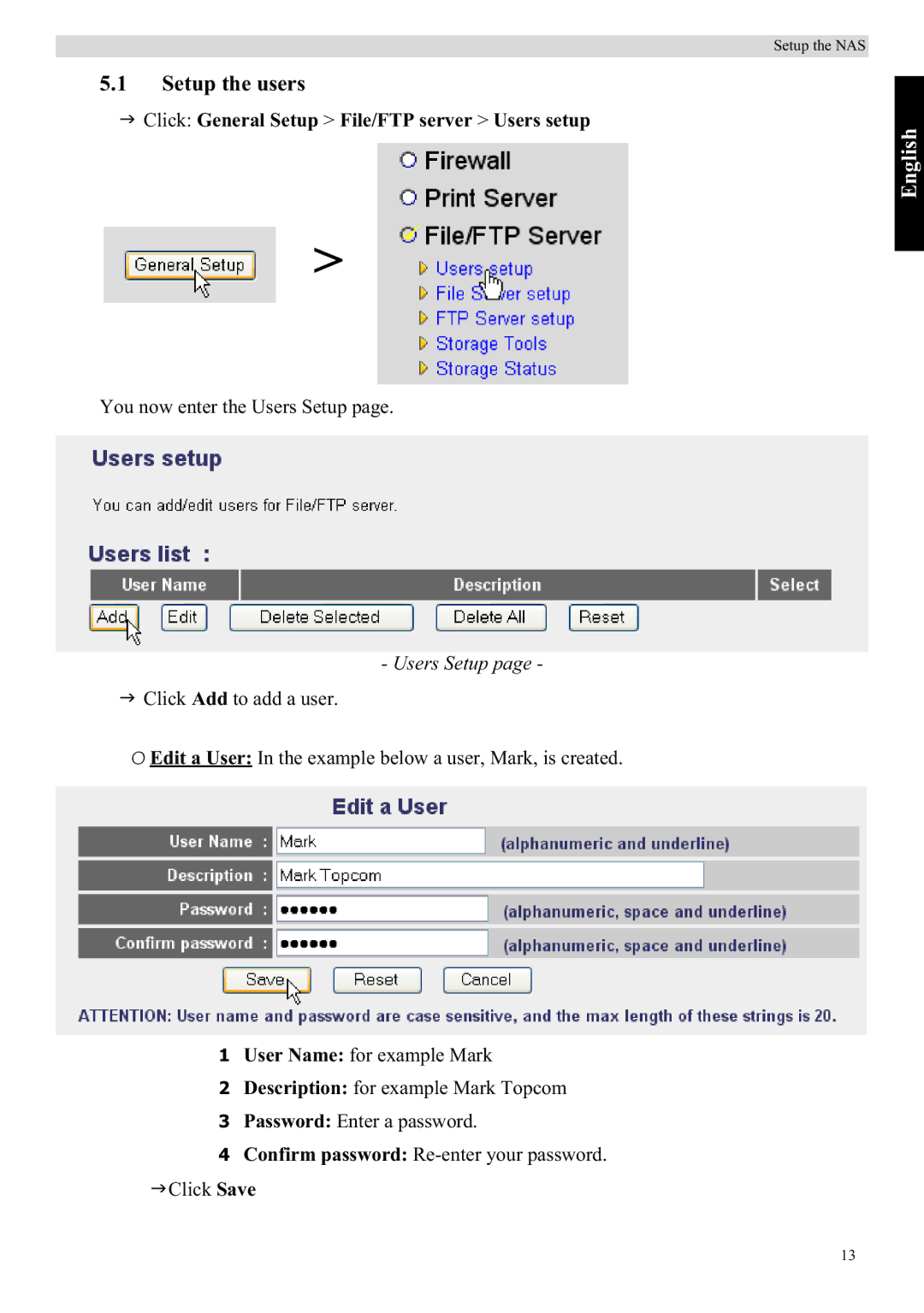 Topcom WBR 7121 manual Setup the users, Click General Setup File/FTP server Users setup, Users Setup 