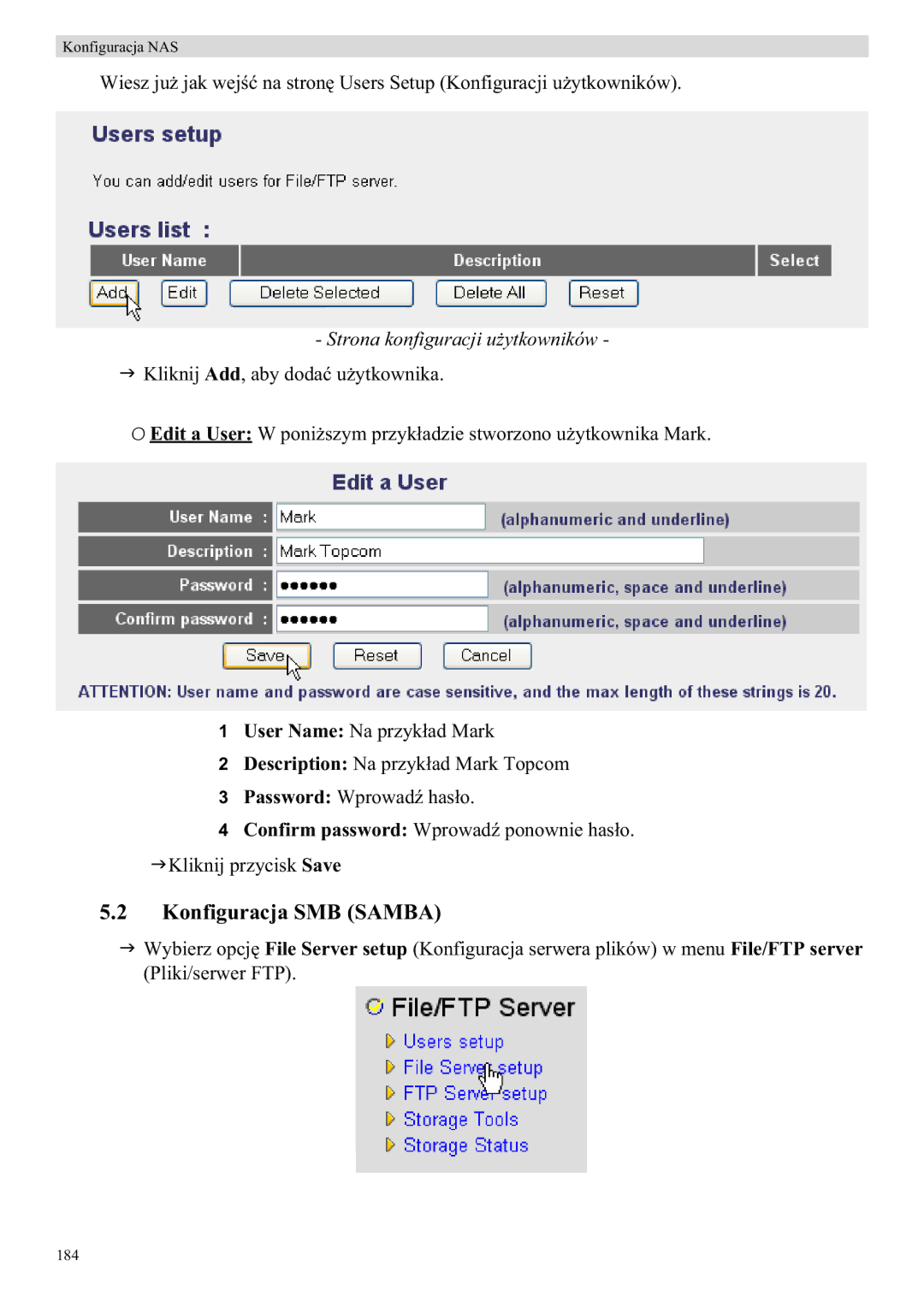 Topcom WBR 7121 manual Konfiguracja SMB Samba, Strona konfiguracji ukowników, User Name Na przyk, Password Wprowad 