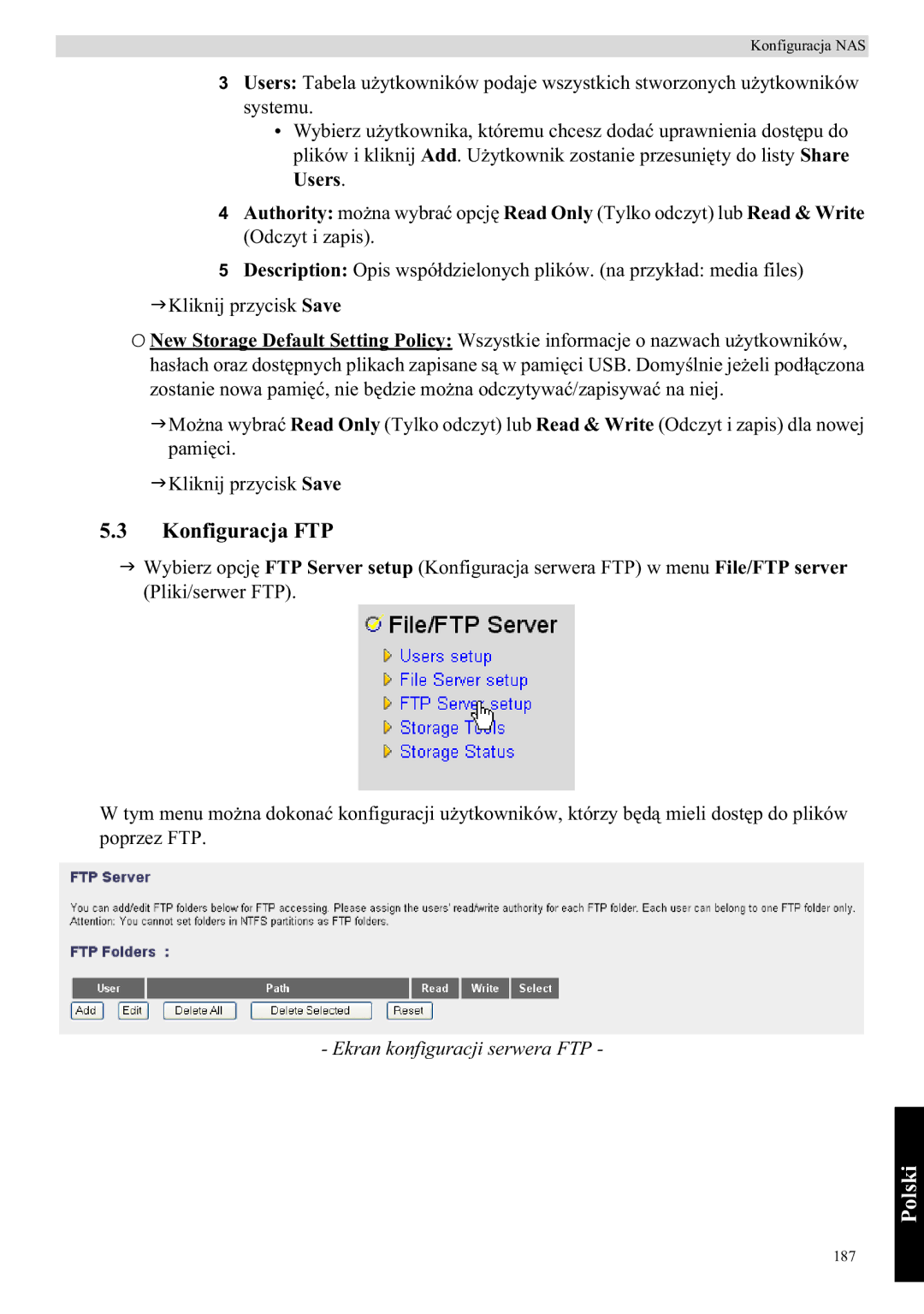 Topcom WBR 7121 manual Konfiguracja FTP, Share, Users Authority mo, Ekran konfiguracji serwera FTP 