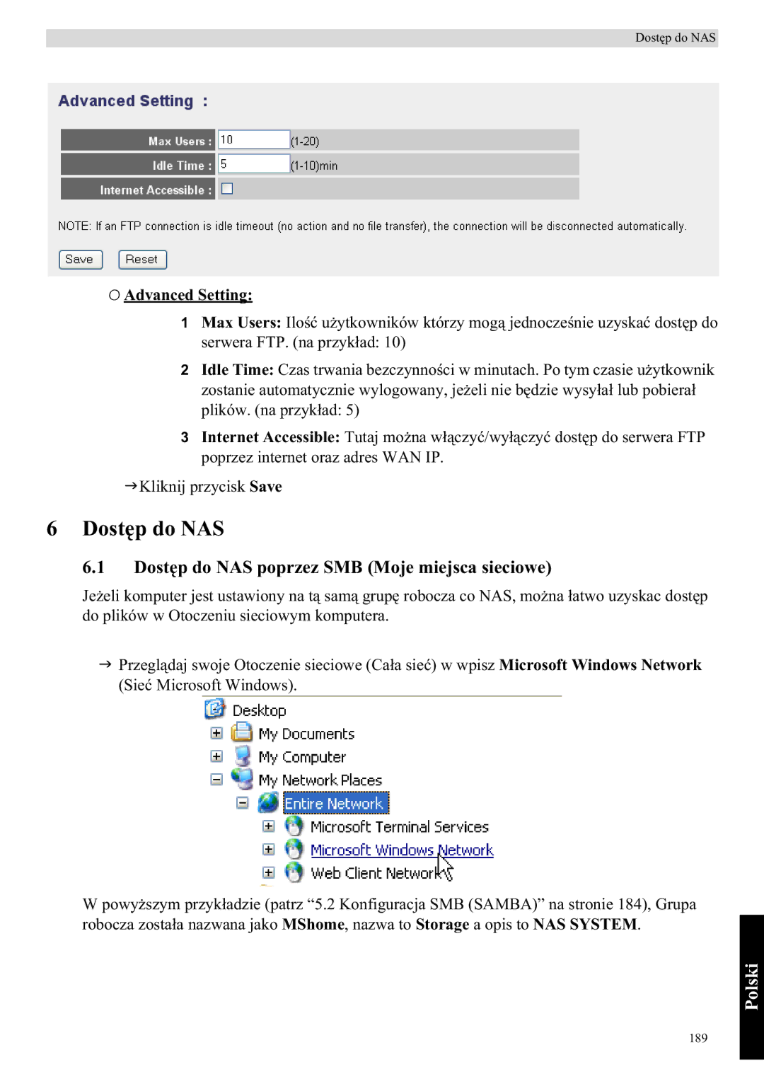 Topcom WBR 7121 manual Dostdo NAS poprzez SMB Moje miejsca sieciowe, Advanced Setting Max Users Ilo uzy mog 