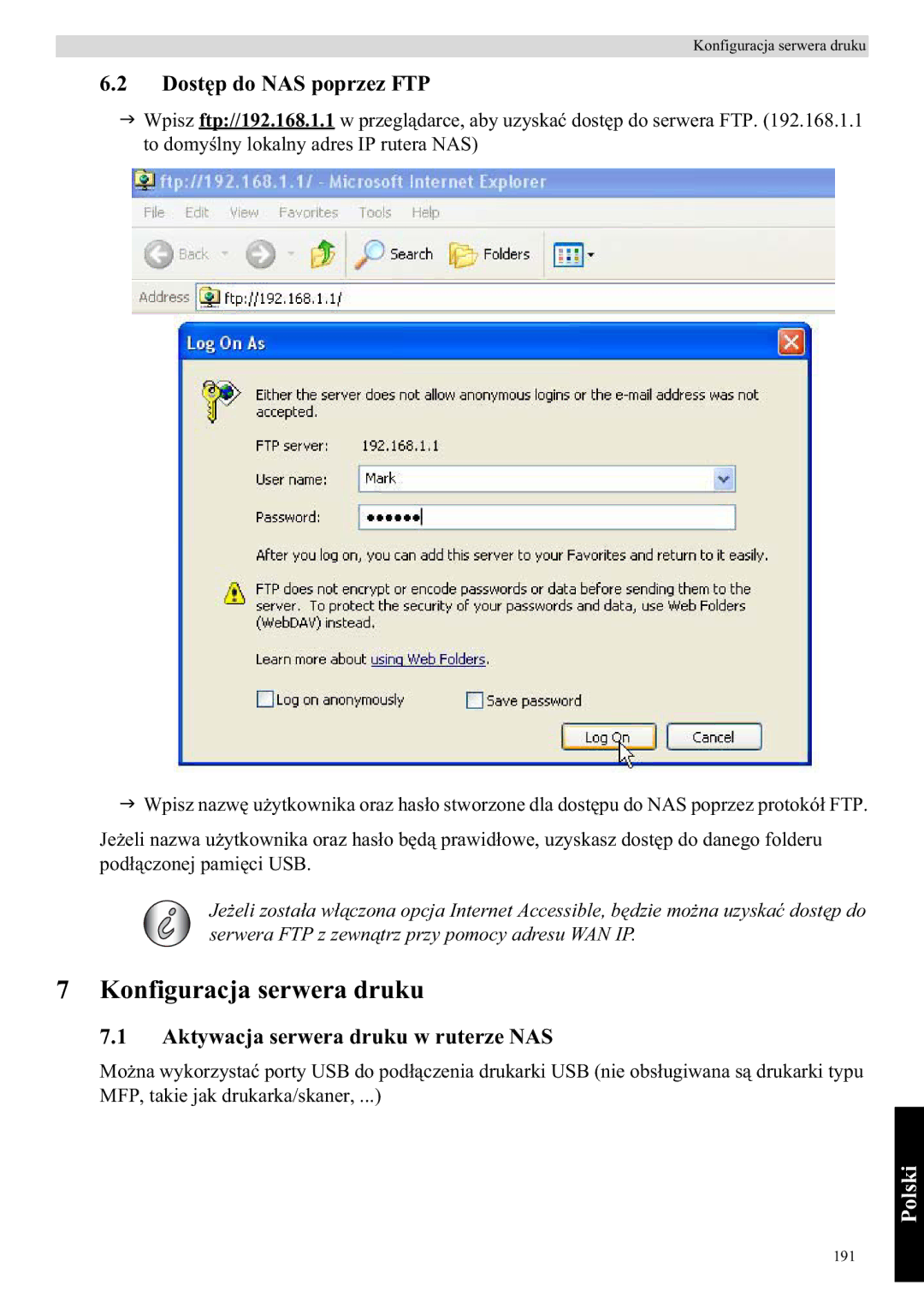 Topcom WBR 7121 manual Konfiguracja serwera druku, Dostdo NAS poprzez FTP, Aktywacja serwera druku w ruterze NAS 