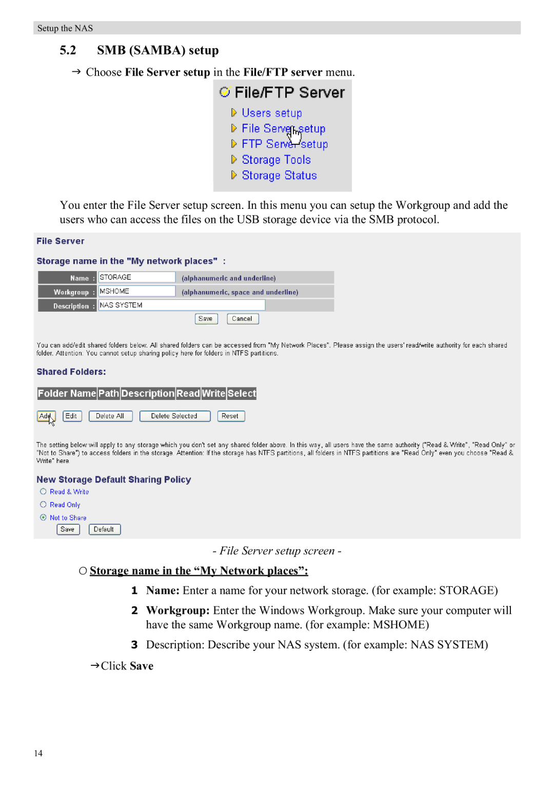 Topcom WBR 7121 manual SMB Samba setup, Choose File Server setup in the File/FTP server menu, File Server setup screen 