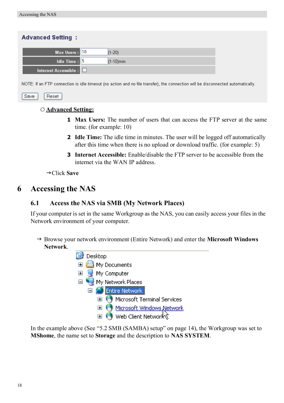 Topcom WBR 7121 manual Accessing the NAS, Access the NAS via SMB My Network Places, Advanced Setting 