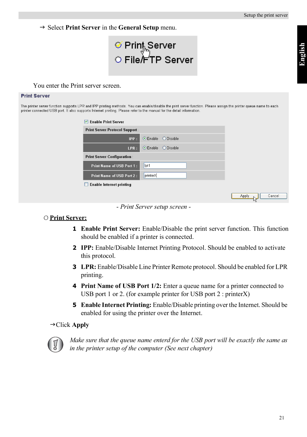 Topcom WBR 7121 manual Select Print Server in the General Setup menu, Print Server setup screen 