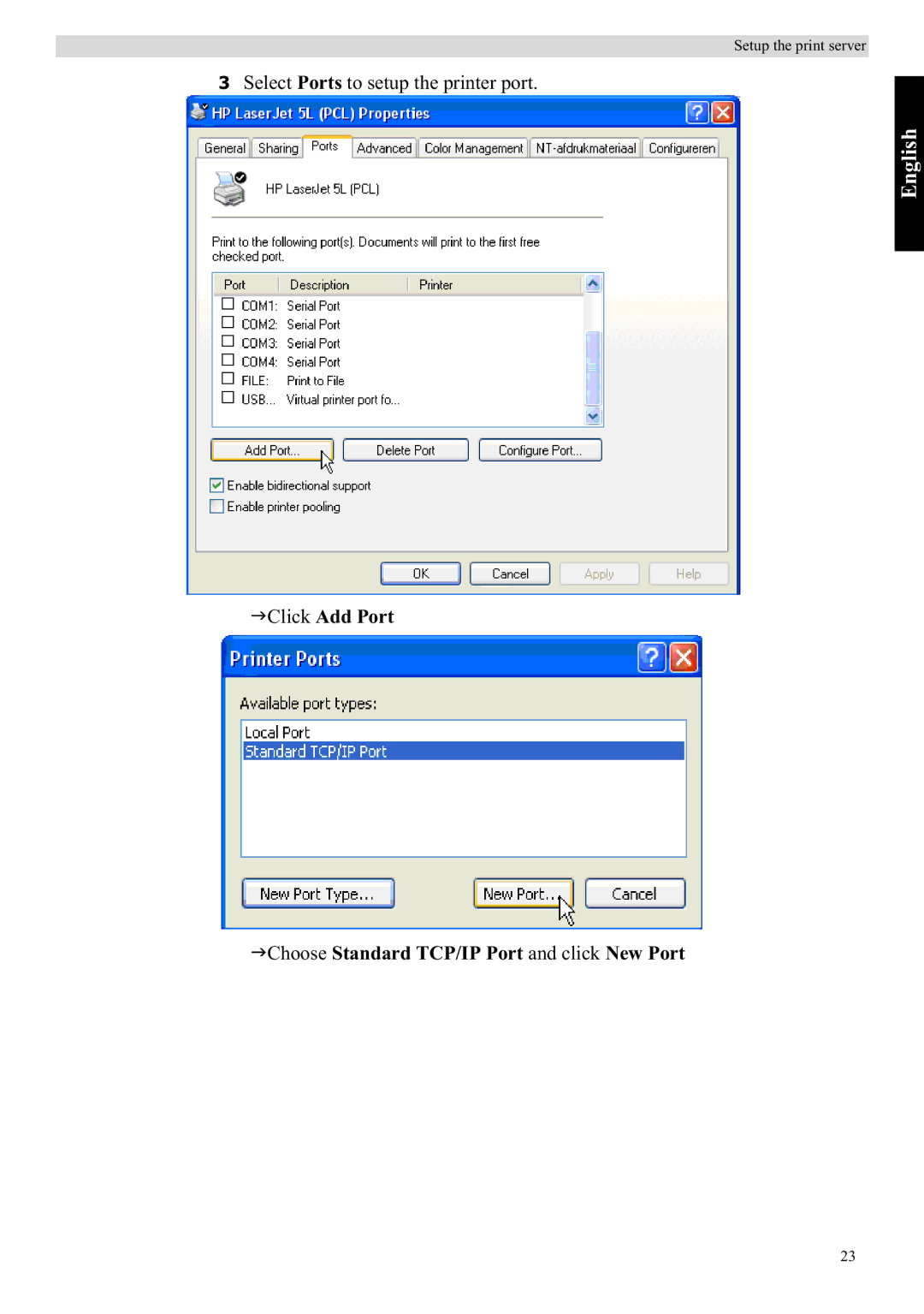 Topcom WBR 7121 manual Select Ports to setup the printer port 