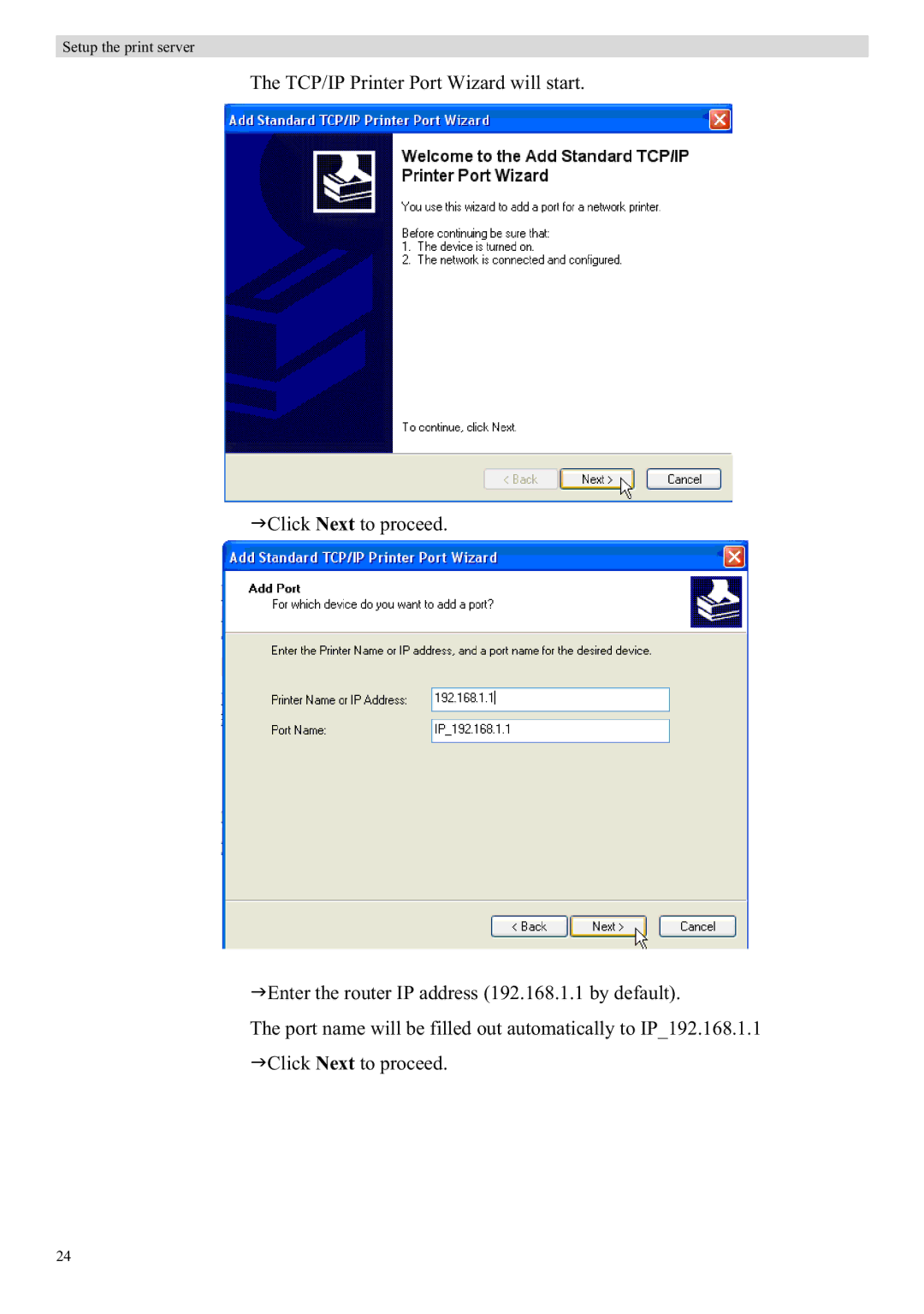 Topcom WBR 7121 manual Setup the print server 