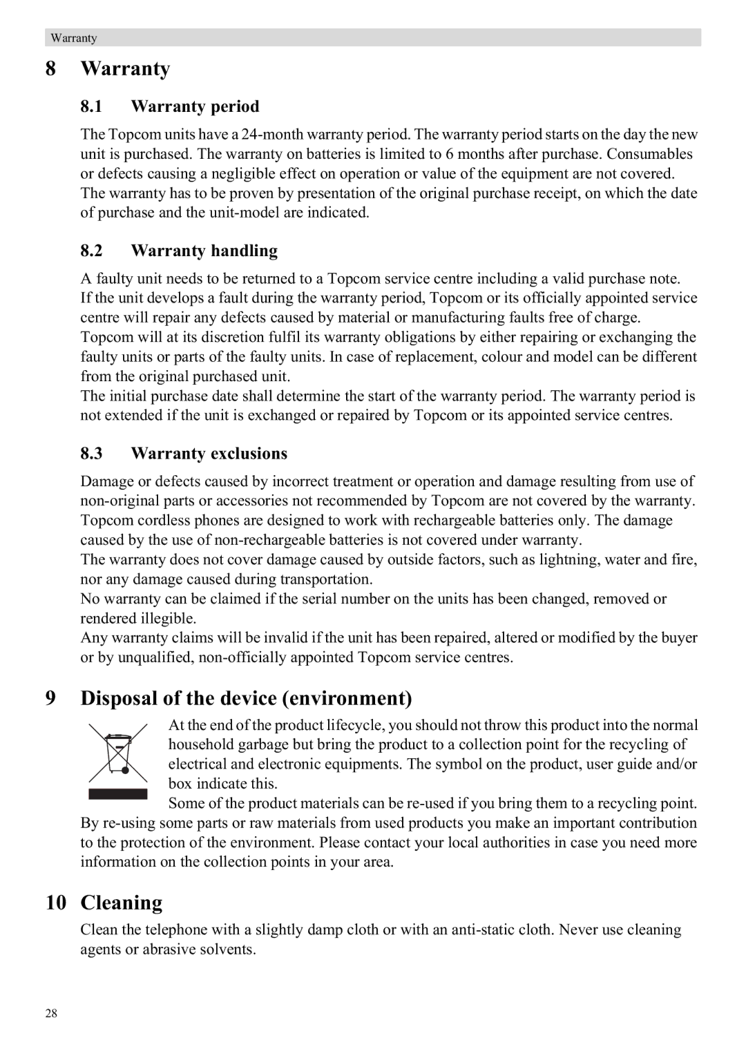 Topcom WBR 7121 manual Warranty, Disposal of the device environment, Cleaning 