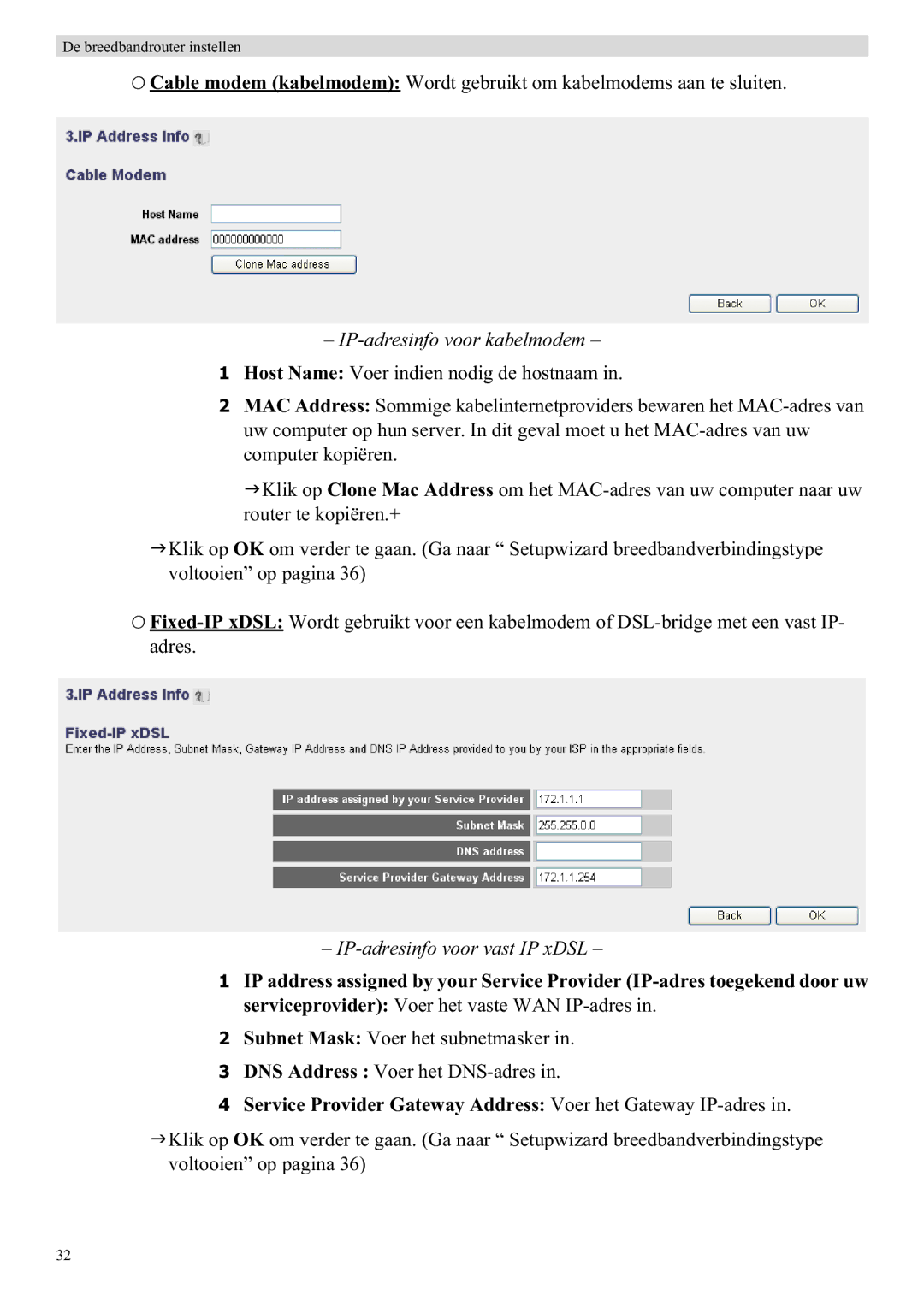 Topcom WBR 7121 manual IP-adresinfo voor kabelmodem, IP-adresinfo voor vast IP xDSL 