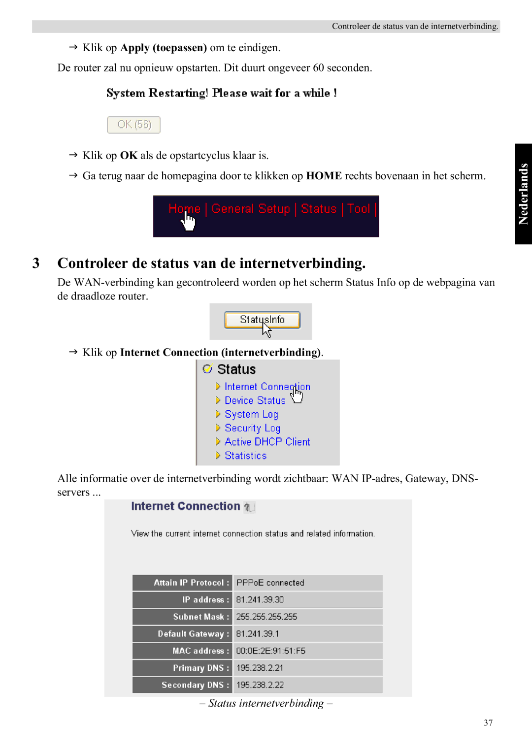 Topcom WBR 7121 manual Controleer de status van de internetverbinding, Klik op Internet Connection internetverbinding 