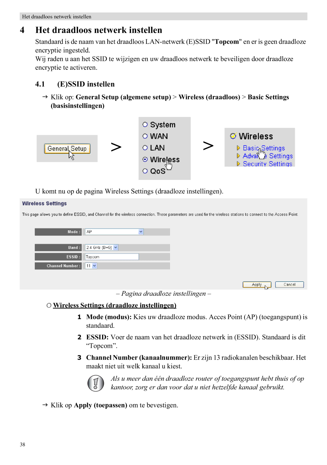 Topcom WBR 7121 manual Het draadloos netwerk instellen, Essid instellen, Pagina draadloze instellingen 