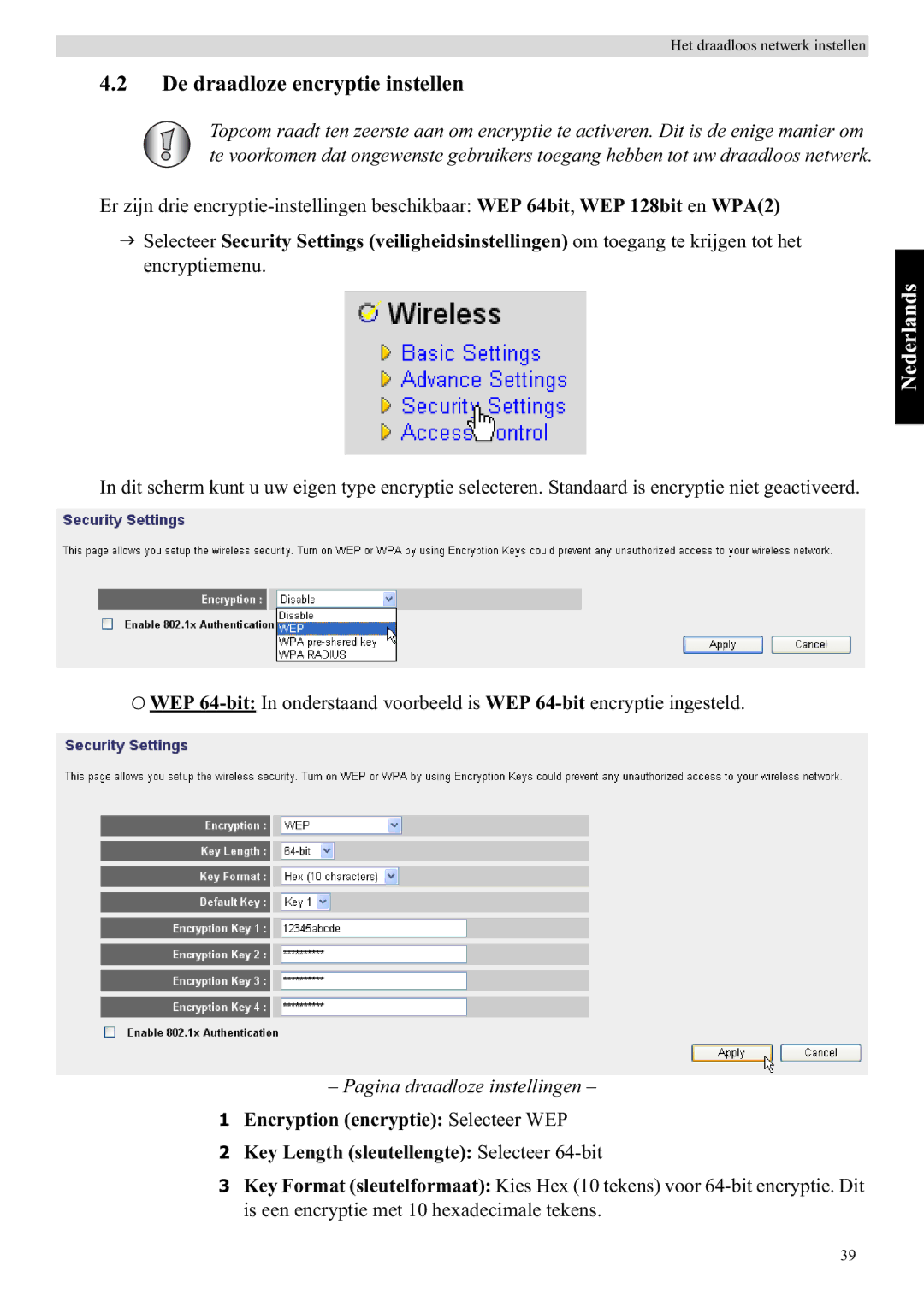 Topcom WBR 7121 manual De draadloze encryptie instellen 