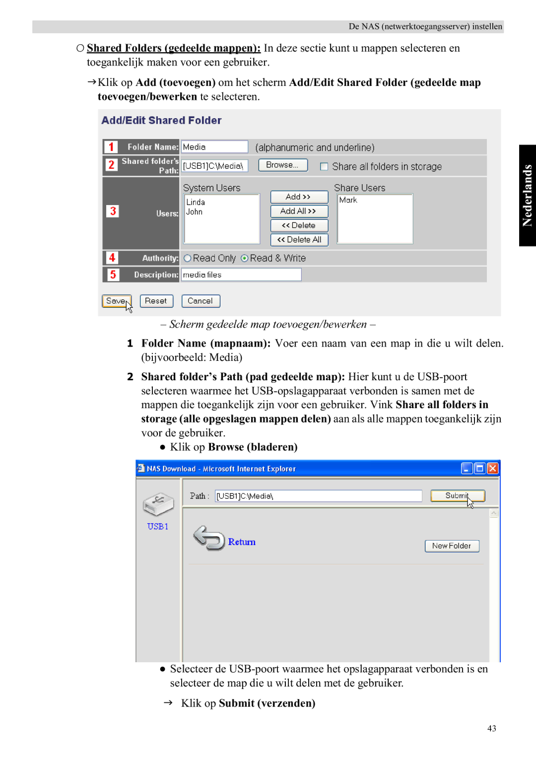 Topcom WBR 7121 manual Scherm gedeelde map toevoegen/bewerken, Klik op Submit verzenden 