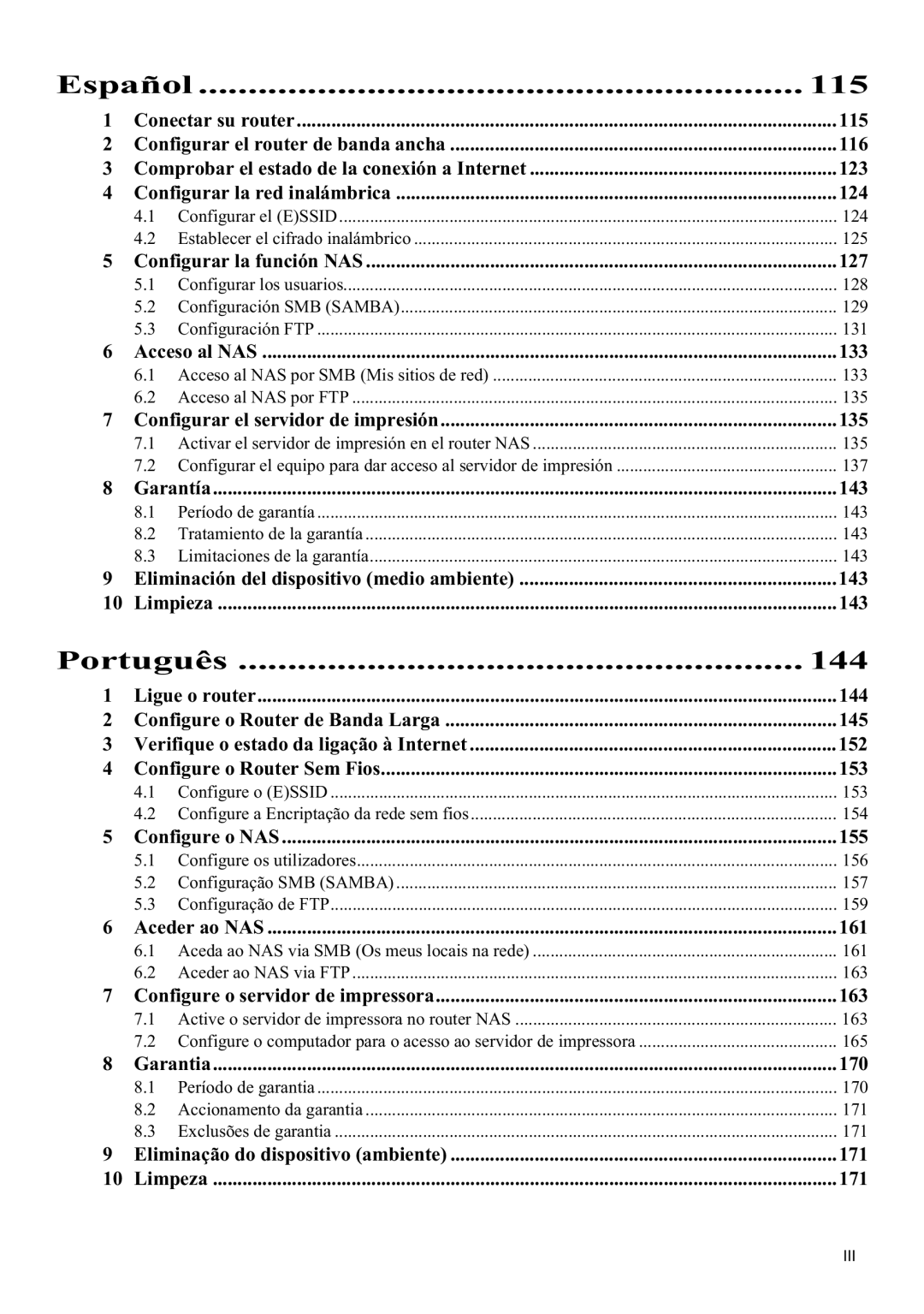 Topcom WBR 7121 manual Español 115, Português 144 