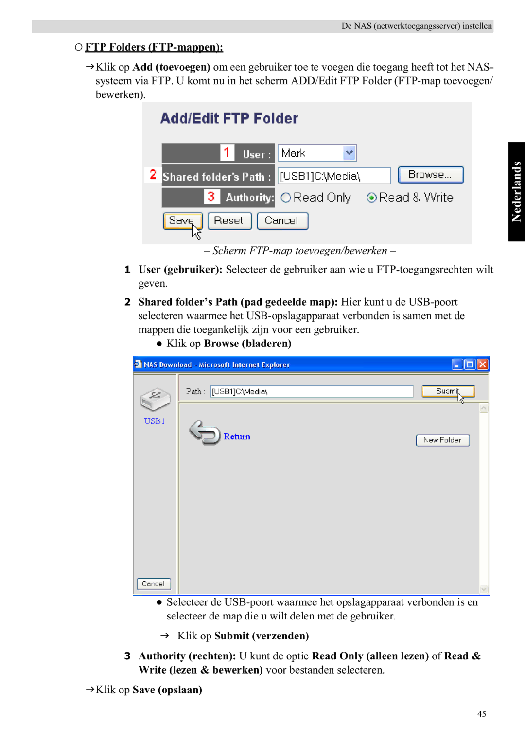 Topcom WBR 7121 manual FTP Folders FTP-mappen, Scherm FTP-map toevoegen/bewerken 