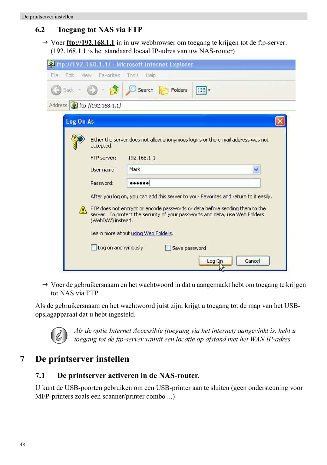 Topcom WBR 7121 manual De printserver instellen, Toegang tot NAS via FTP, De printserver activeren in de NAS-router 