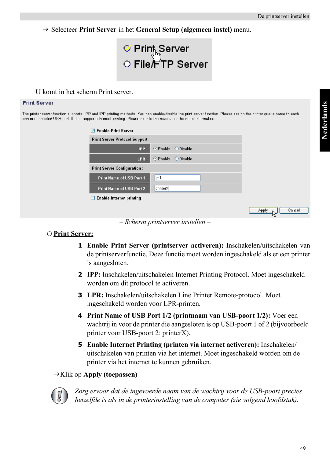 Topcom WBR 7121 manual Scherm printserver instellen 