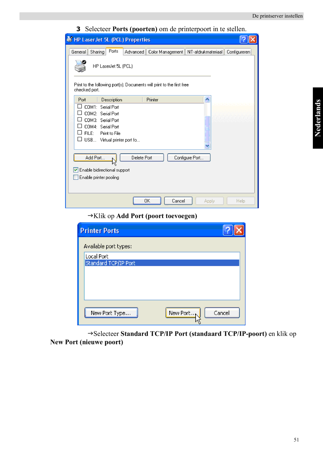 Topcom WBR 7121 manual Selecteer Ports poorten om de printerpoort in te stellen 