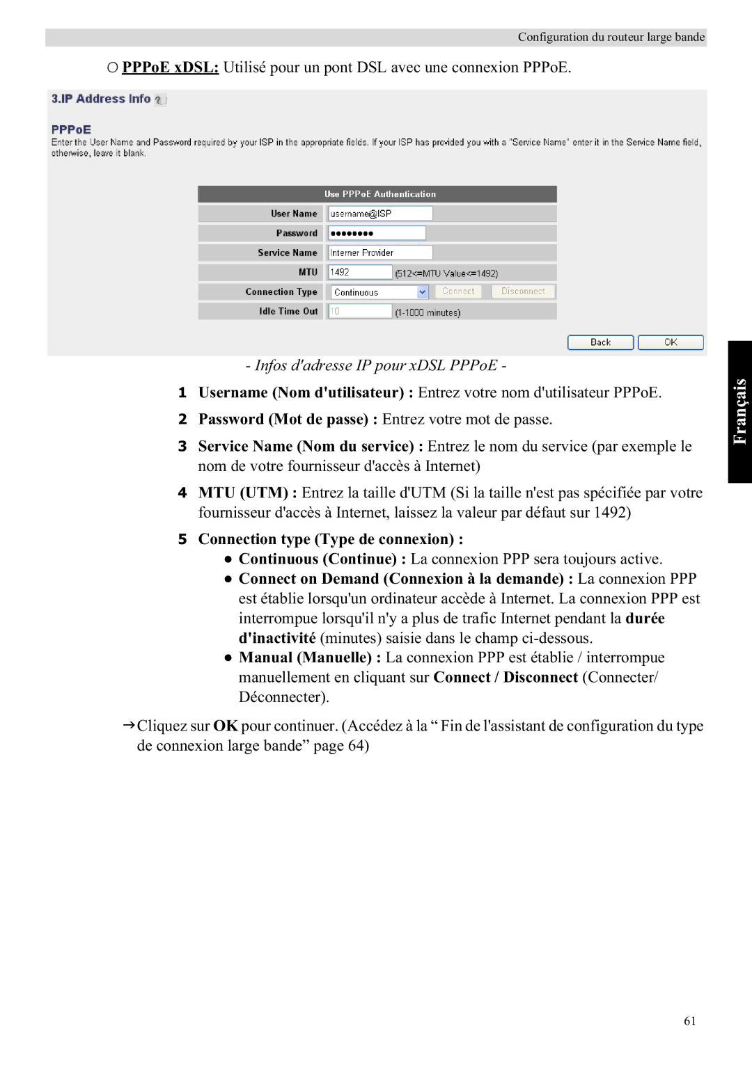 Topcom WBR 7121 manual Infos dadresse IP pour xDSL PPPoE, Password Mot de passe Entrez votre mot de passe 