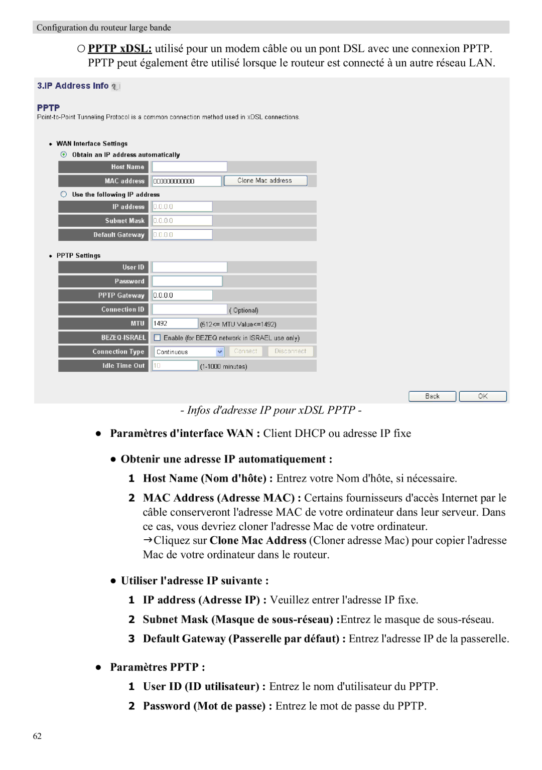 Topcom WBR 7121 Infos dadresse IP pour xDSL Pptp, Obtenir une adresse IP automatiquement, Utiliser ladresse IP suivante 