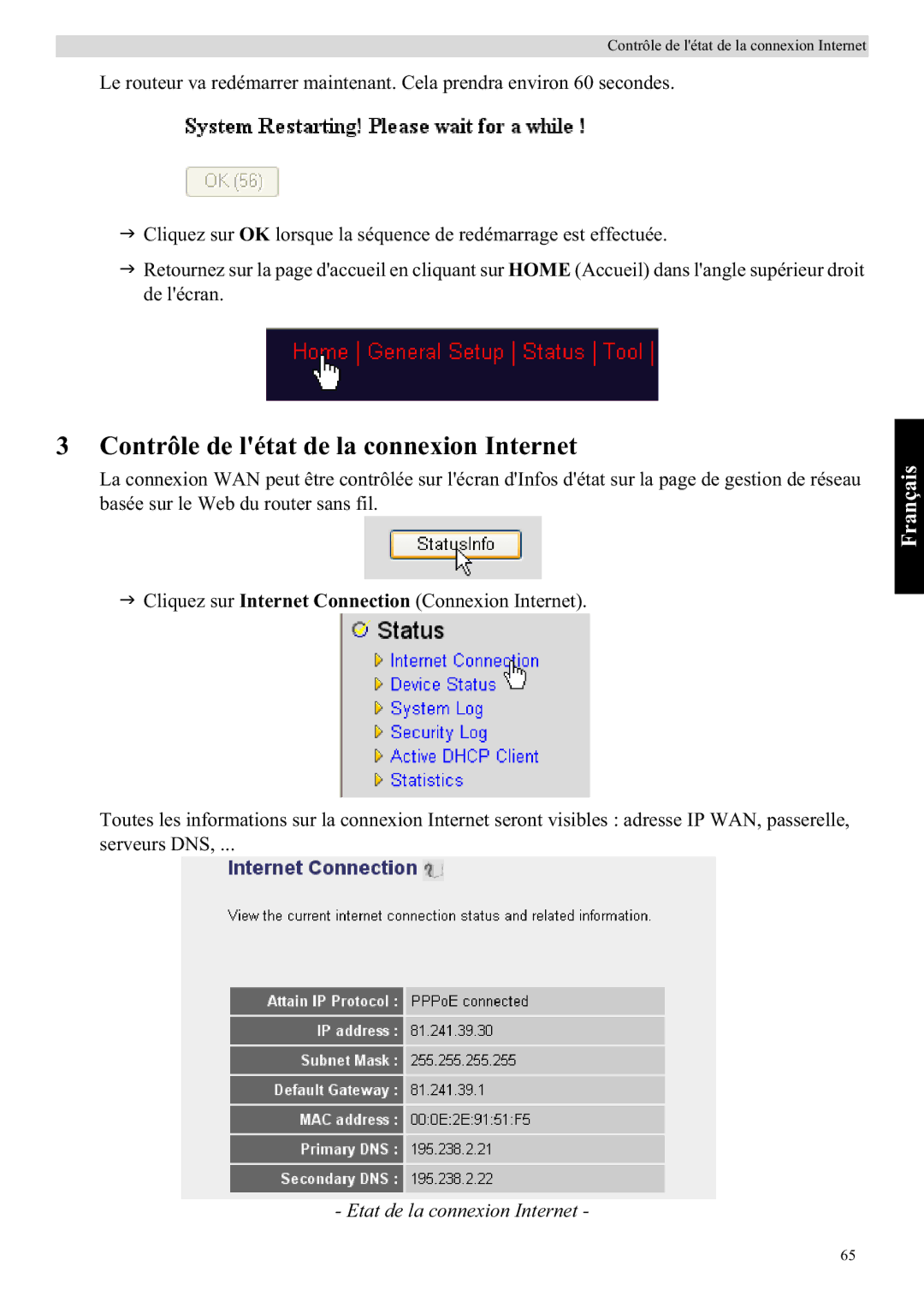 Topcom WBR 7121 manual Contrôle de létat de la connexion Internet, Etat de la connexion Internet 