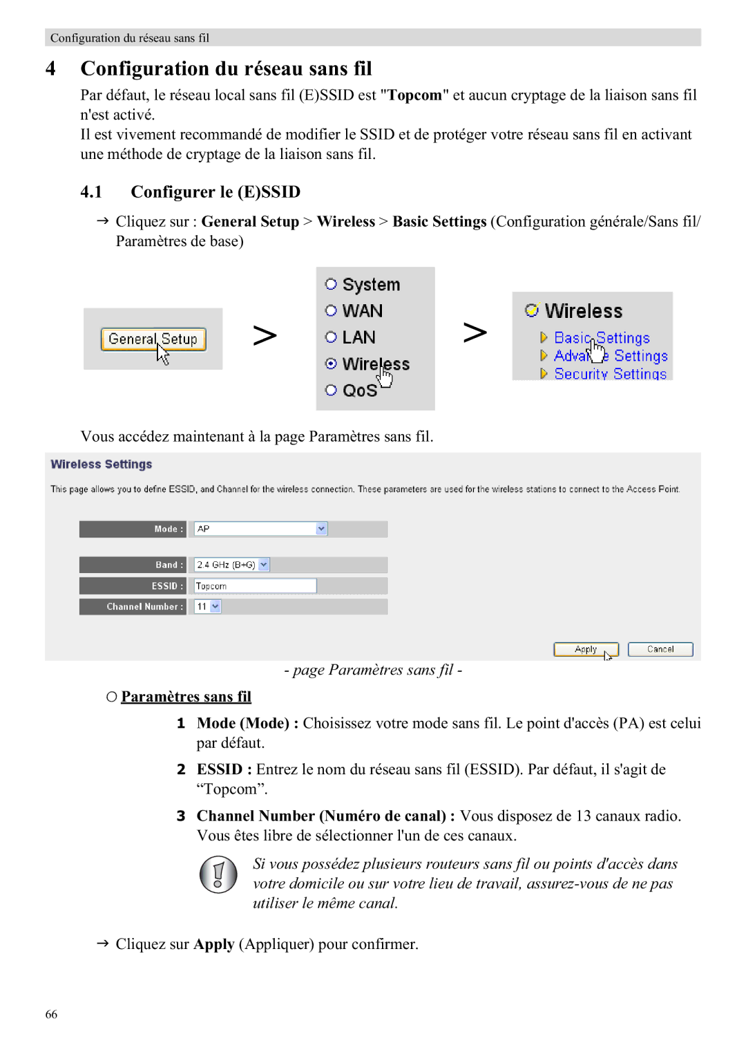 Topcom WBR 7121 manual Configuration du réseau sans fil, Configurer le Essid, Paramètres sans fil 