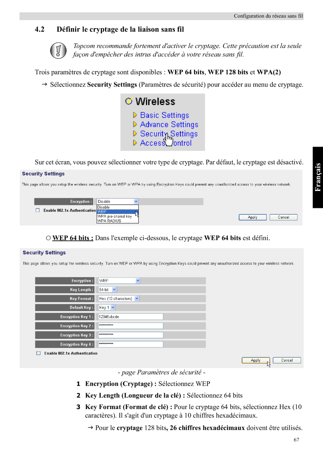 Topcom WBR 7121 manual Définir le cryptage de la liaison sans fil, Paramètres de sécurité 