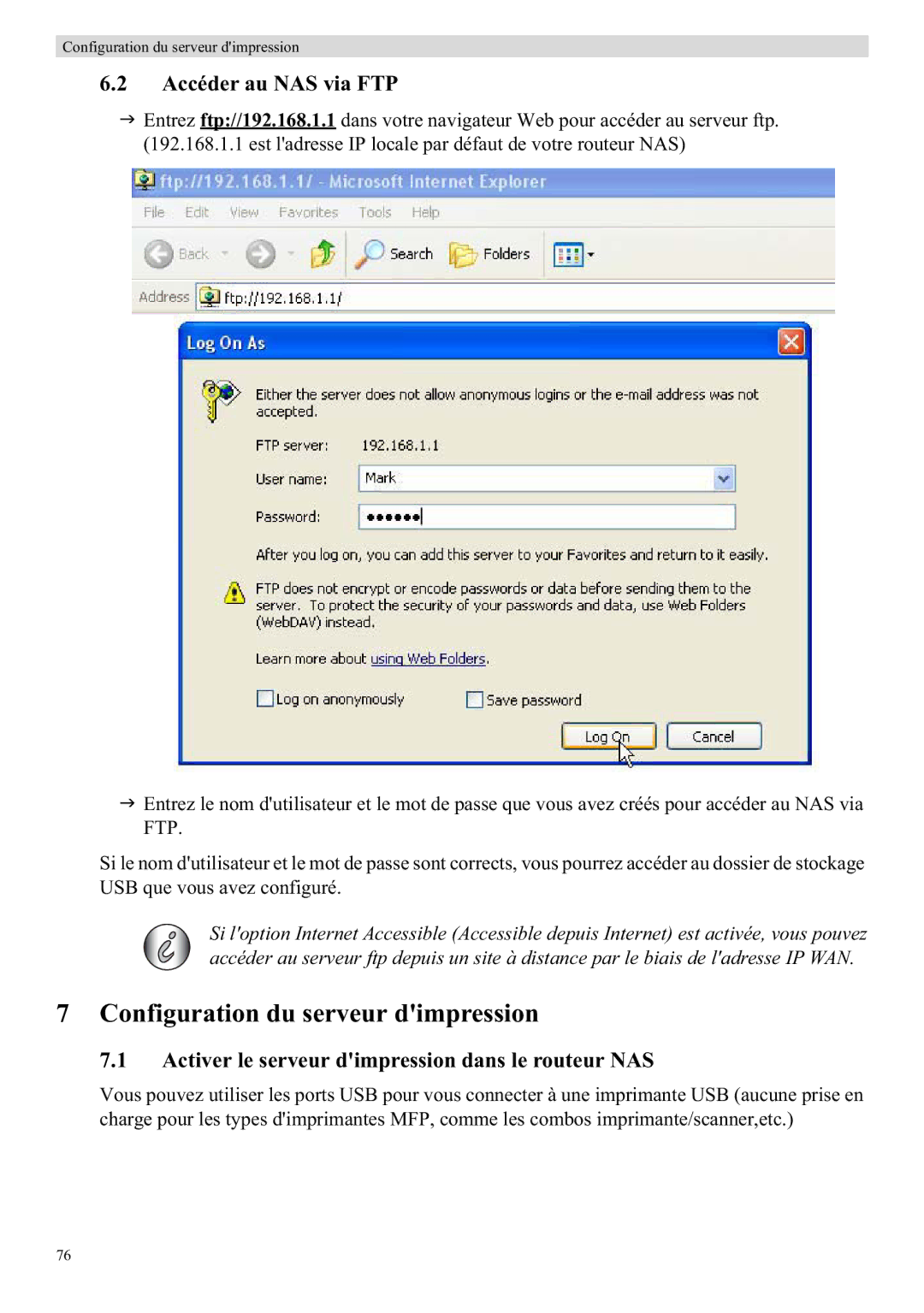 Topcom WBR 7121 manual Configuration du serveur dimpression, Accéder au NAS via FTP 