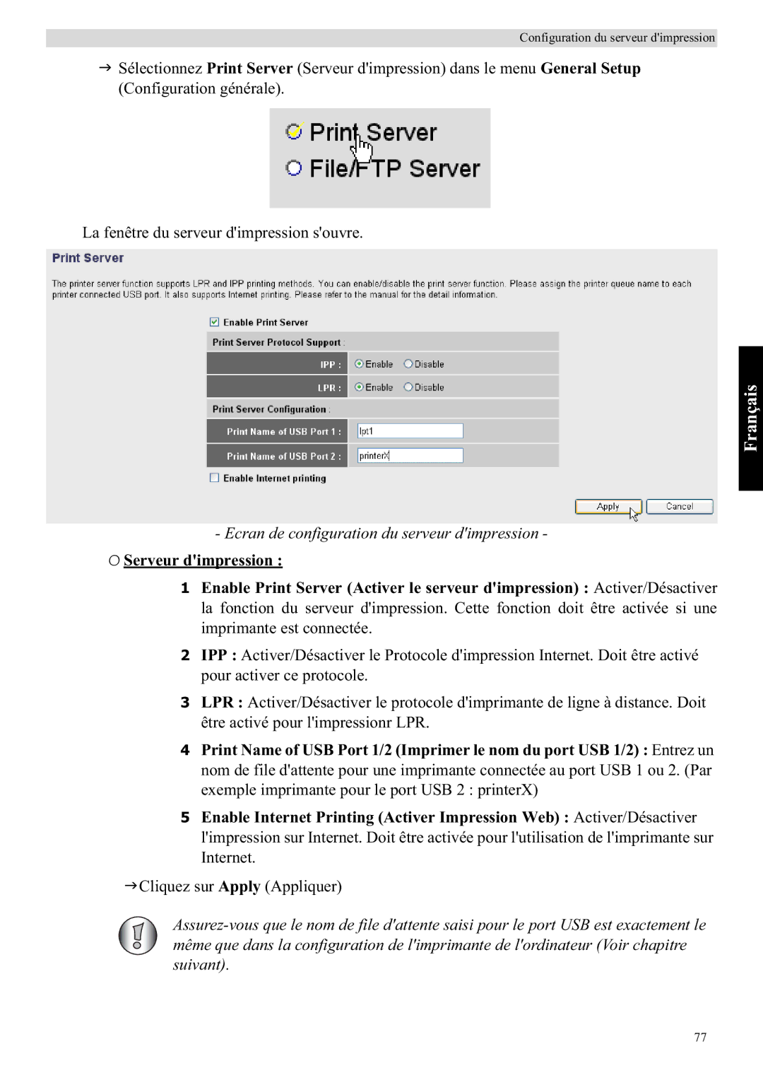 Topcom WBR 7121 manual Ecran de configuration du serveur dimpression 