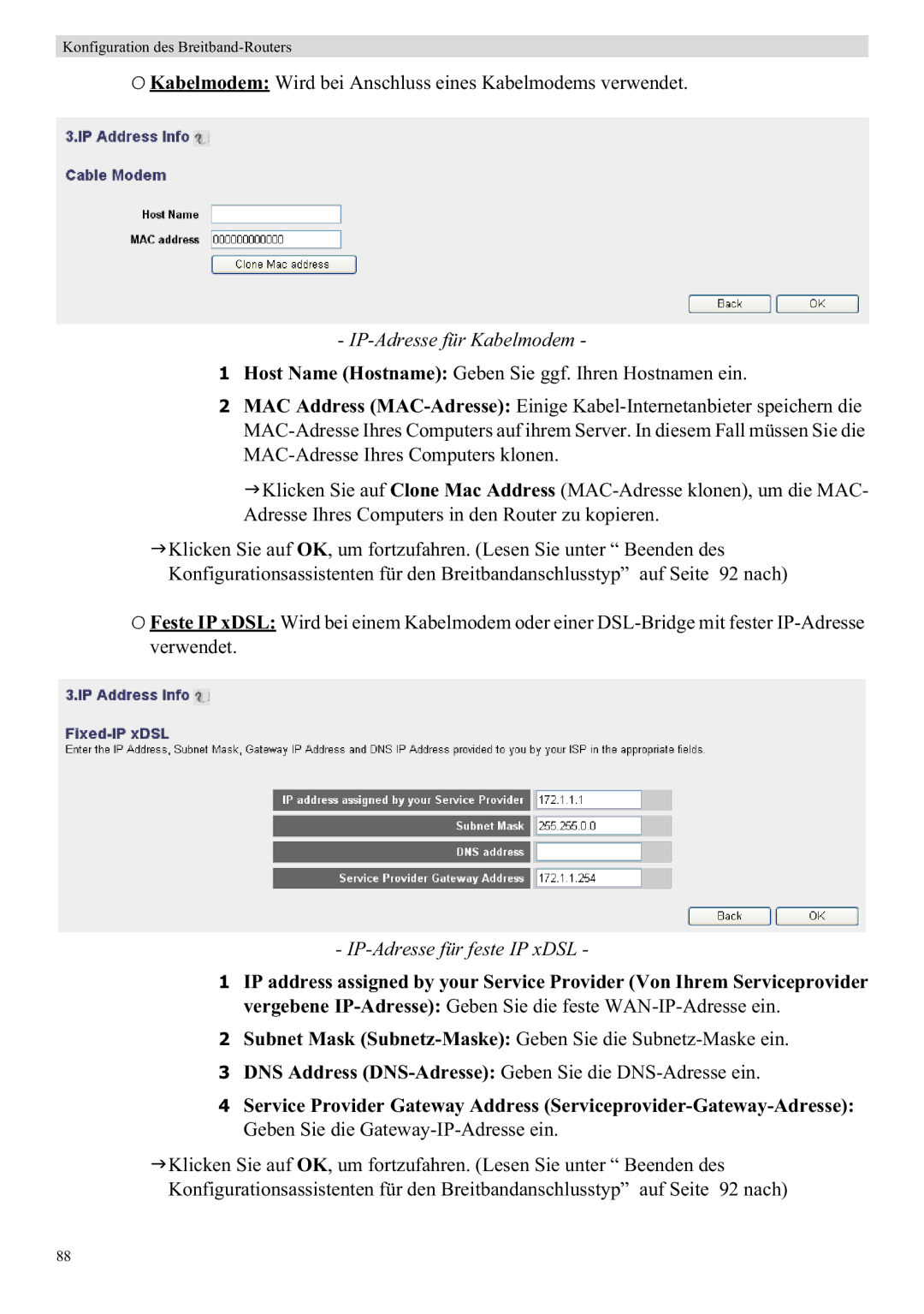 Topcom WBR 7121 manual IP-Adresse für Kabelmodem, IP-Adresse für feste IP xDSL 