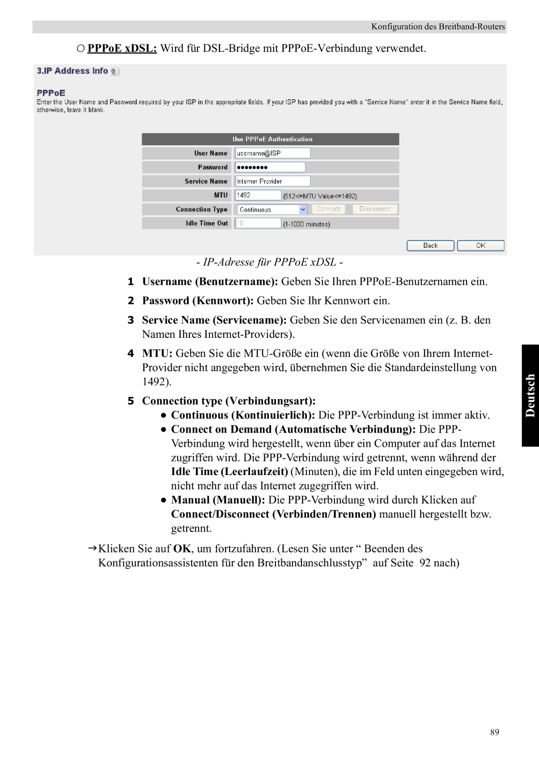 Topcom WBR 7121 manual IP-Adresse für PPPoE xDSL, Connection type Verbindungsart 