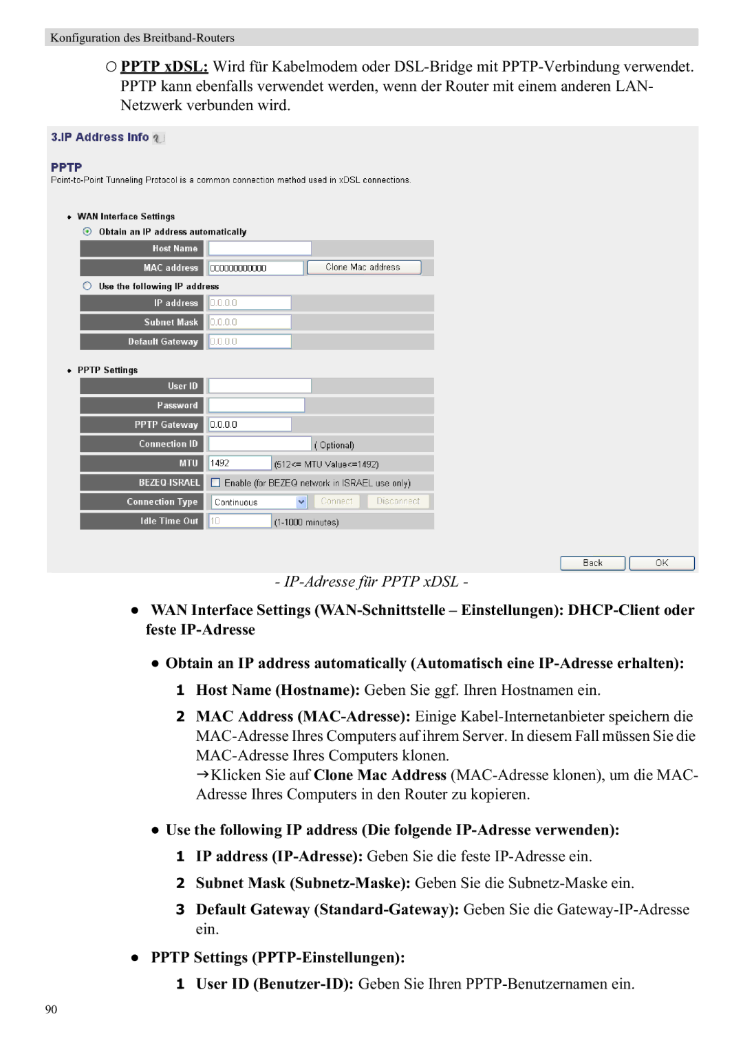 Topcom WBR 7121 manual IP-Adresse für Pptp xDSL, Host Name Hostname Geben Sie ggf. Ihren Hostnamen ein 