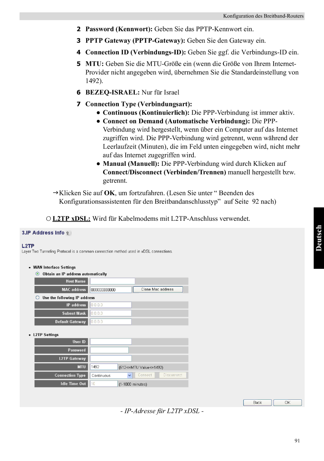 Topcom WBR 7121 manual Pptp Gateway PPTP-Gateway Geben Sie den Gateway ein, IP-Adresse für L2TP xDSL 