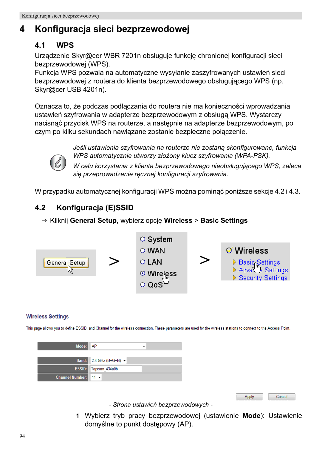 Topcom WBR 7201 N manual Konfiguracja sieci bezprzewodowej, Konfiguracja Essid 