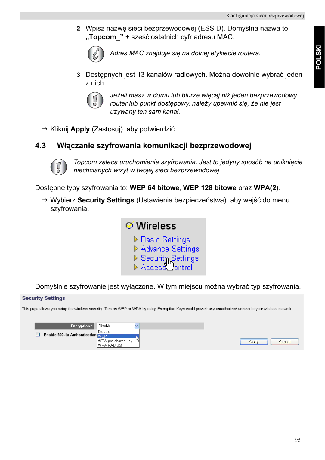 Topcom WBR 7201 N manual Wczanie szyfrowania komunikacji bezprzewodowej 