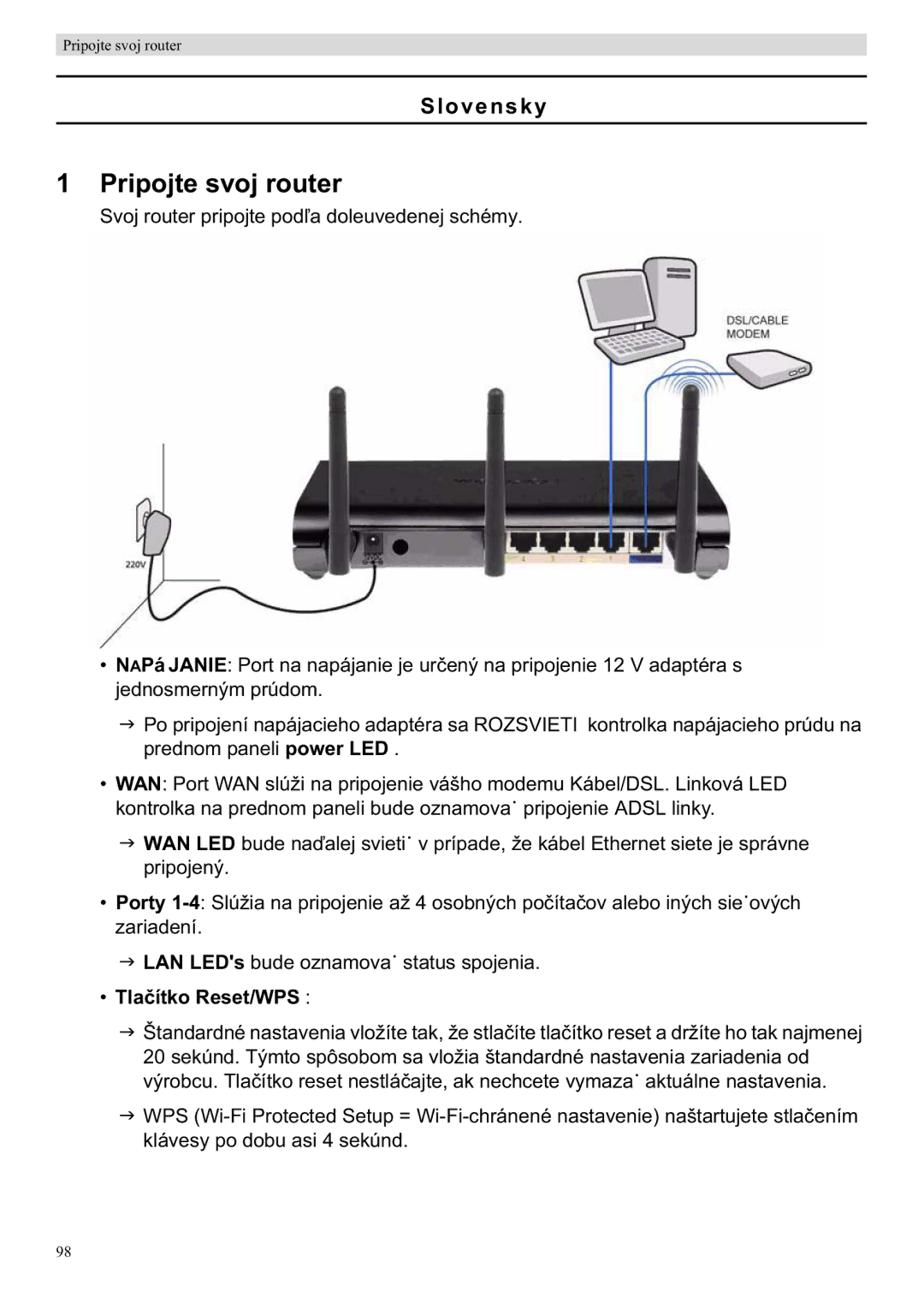 Topcom WBR 7201 N manual Pripojte svoj router, Slovensky, Tlaítko Reset/WPS 