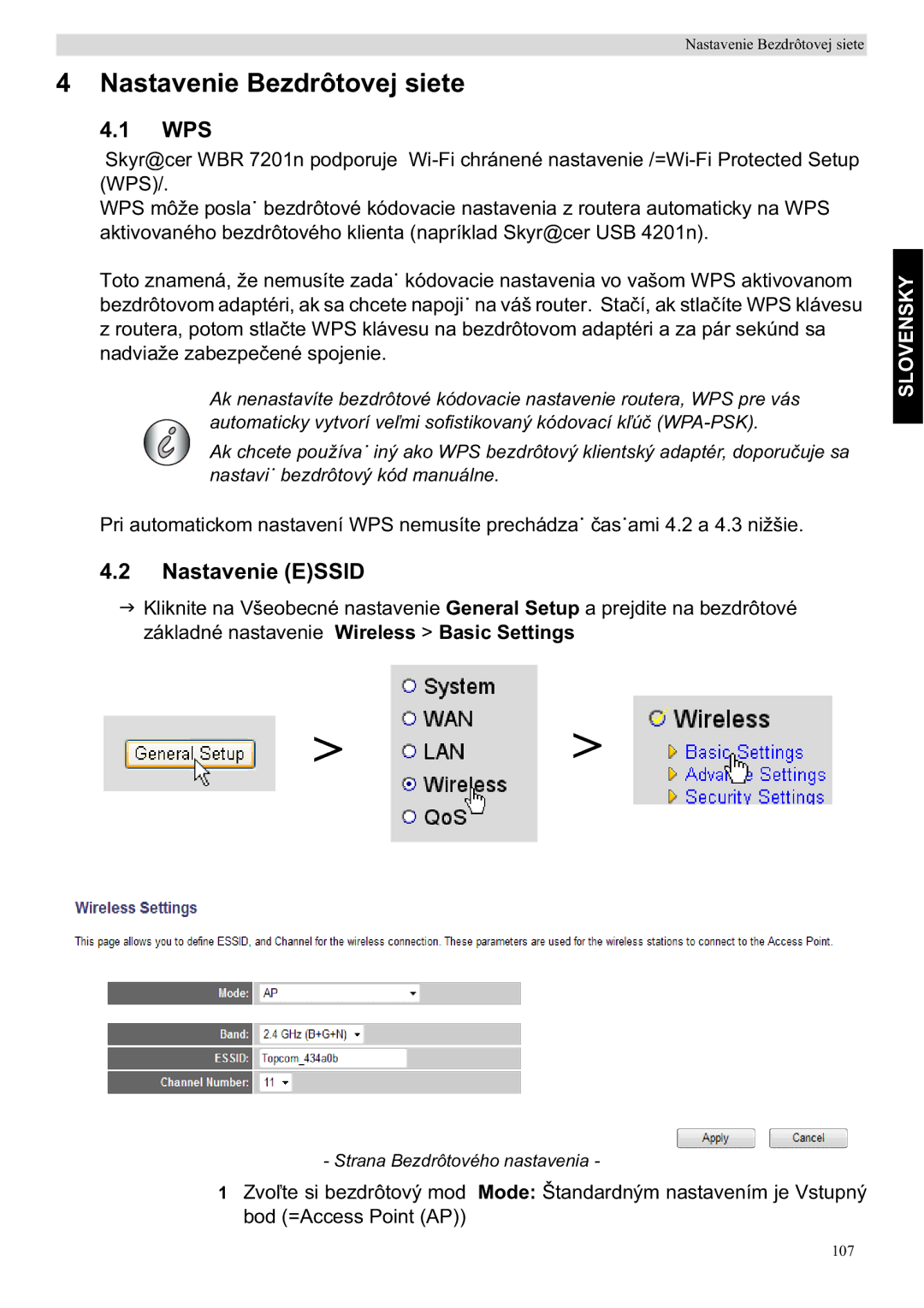 Topcom WBR 7201 N manual Nastavenie Bezdrôtovej siete, Nastavenie Essid 