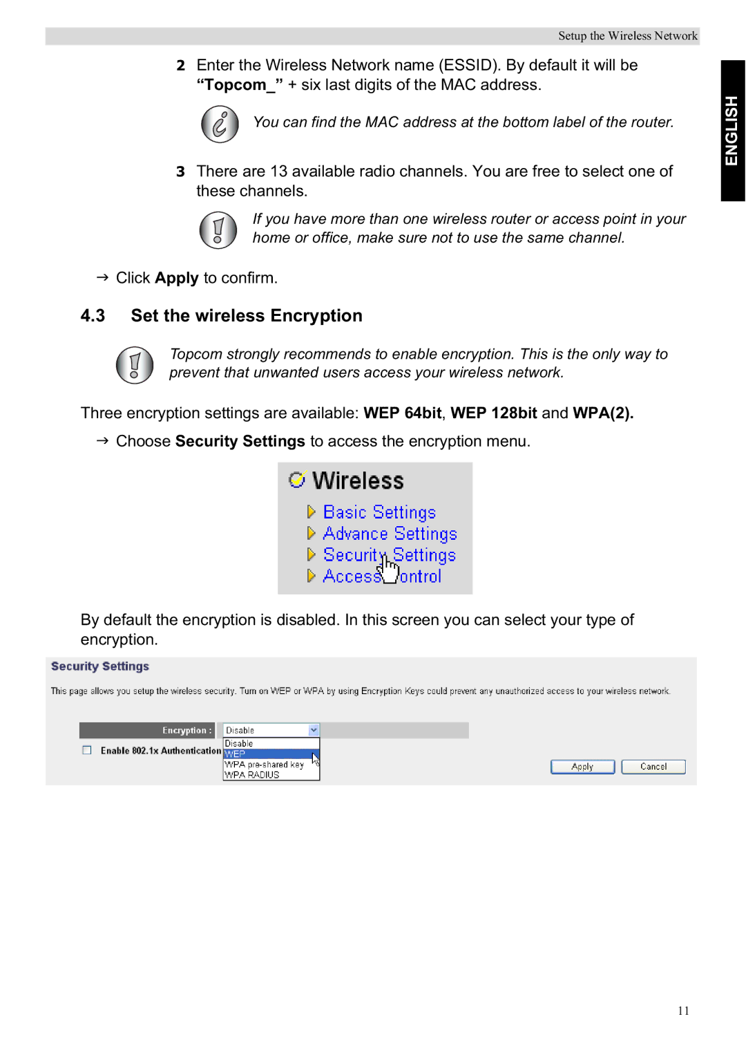 Topcom WBR 7201 N manual Set the wireless Encryption 