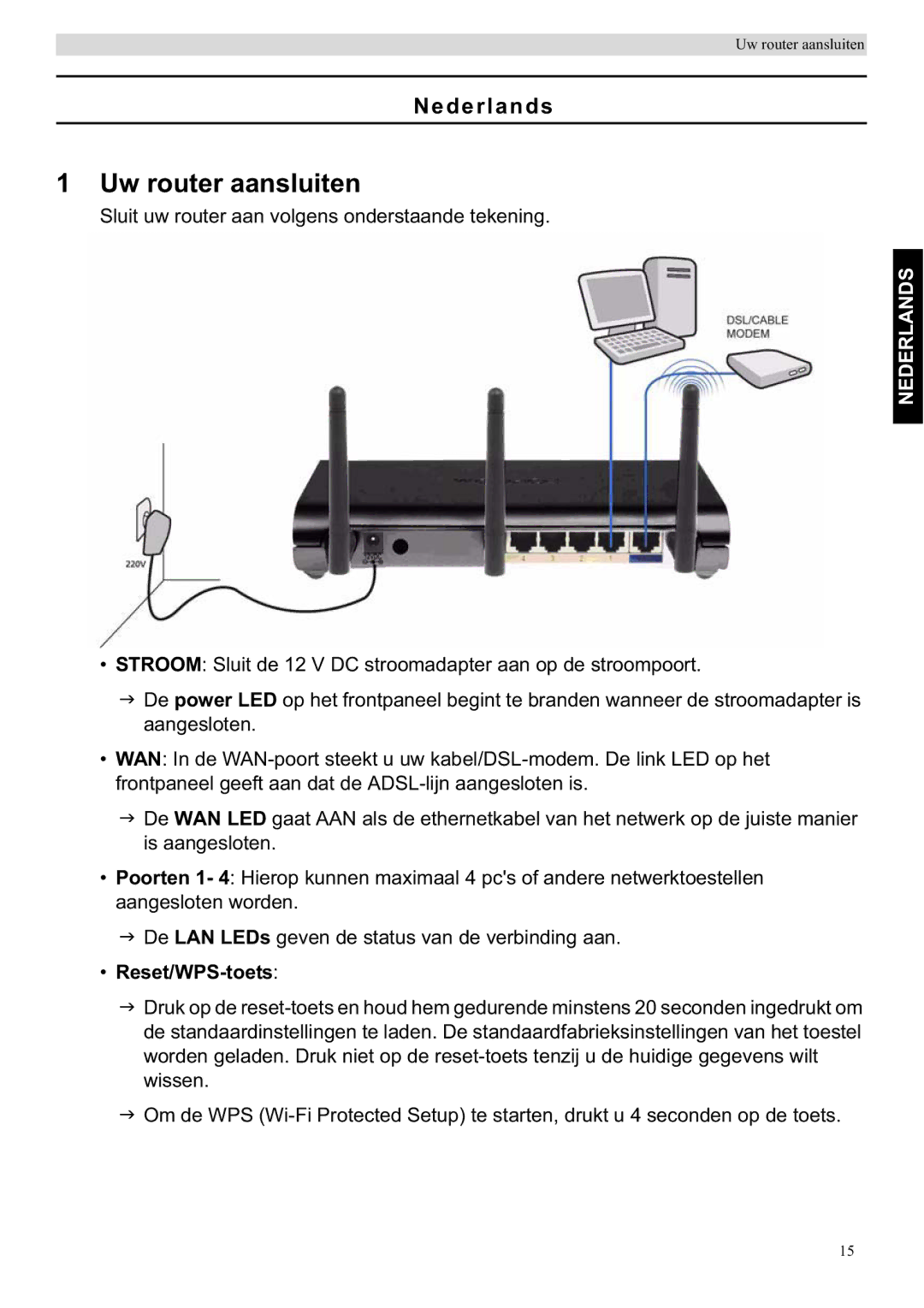 Topcom WBR 7201 N manual Uw router aansluiten, Nederlands, Reset/WPS-toets 