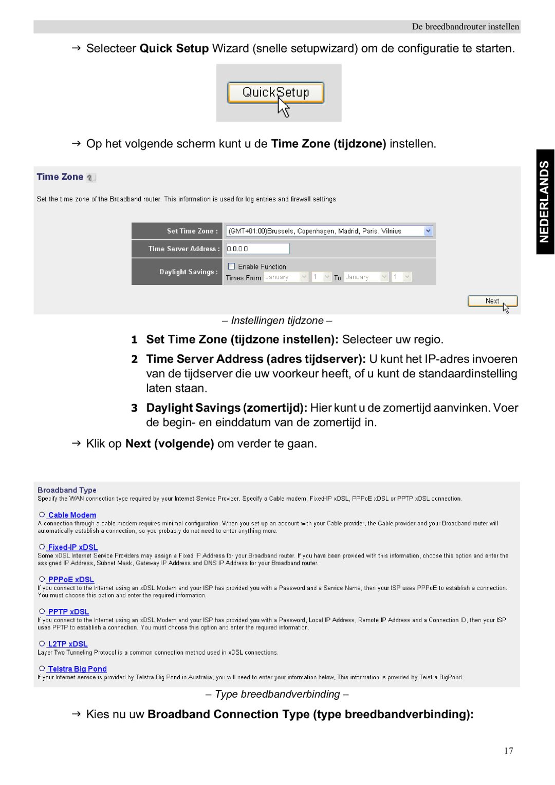 Topcom WBR 7201 N manual Instellingen tijdzone 