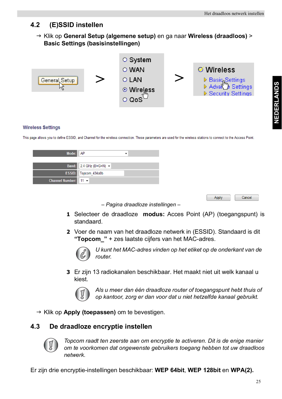 Topcom WBR 7201 N manual Essid instellen, De draadloze encryptie instellen 