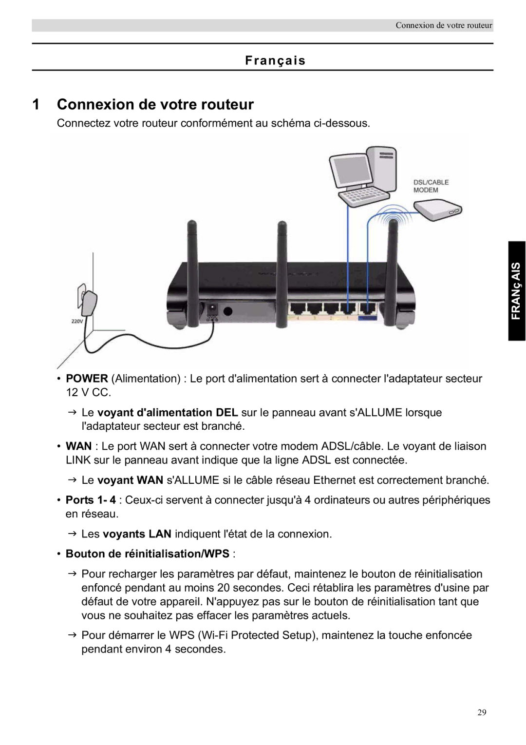 Topcom WBR 7201 N manual Connexion de votre routeur, Français, Bouton de réinitialisation/WPS 
