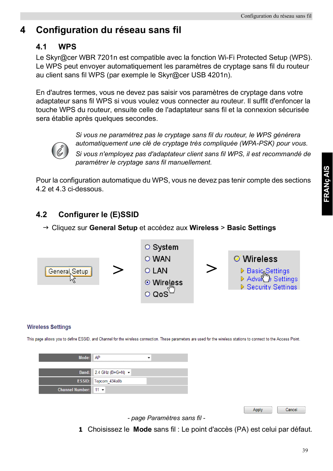 Topcom WBR 7201 N manual Configuration du réseau sans fil, Configurer le Essid 