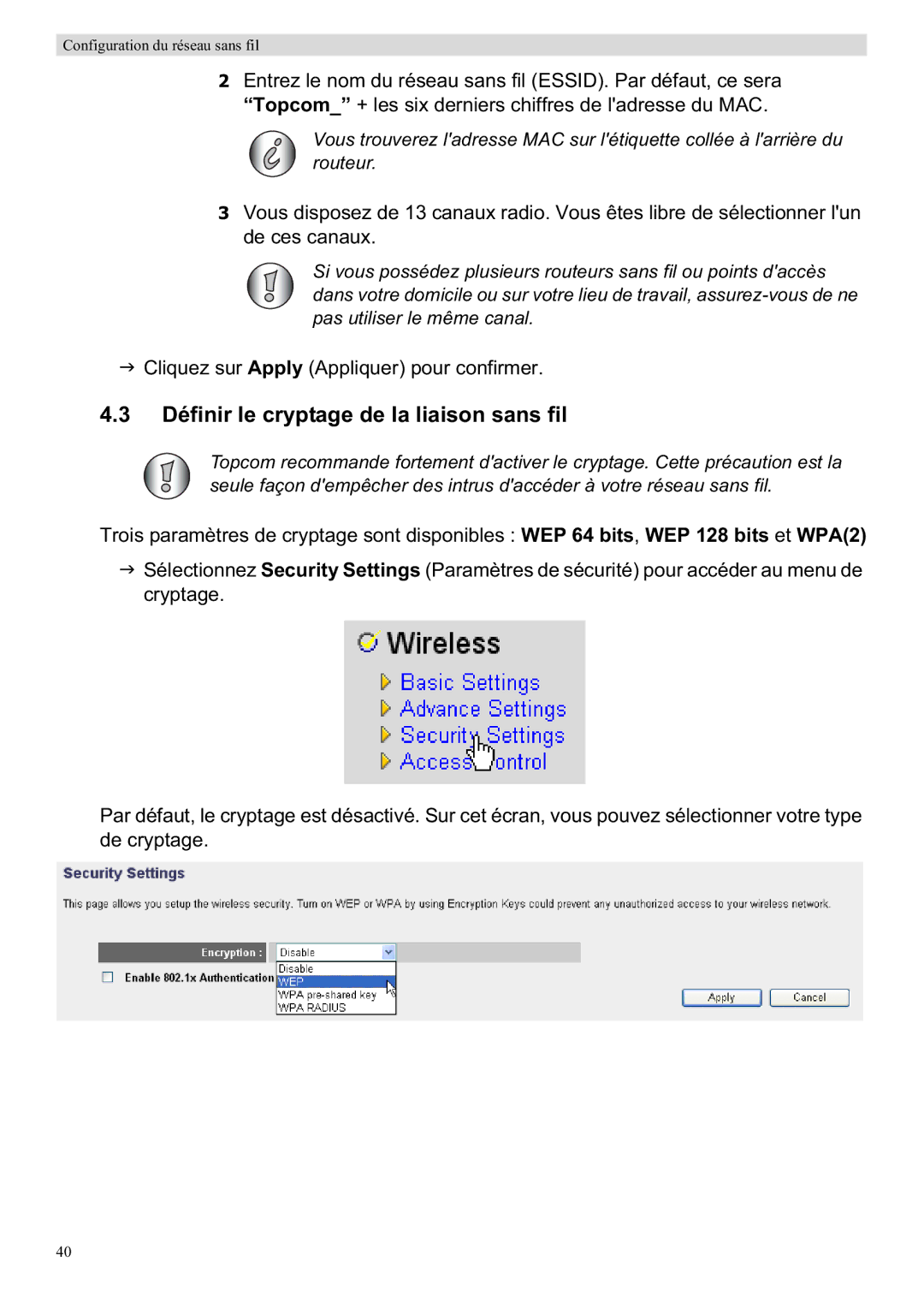 Topcom WBR 7201 N manual Définir le cryptage de la liaison sans fil 