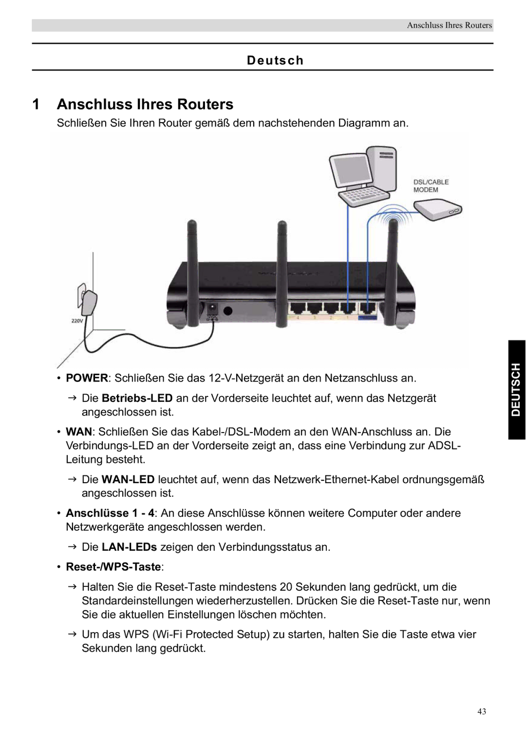 Topcom WBR 7201 N manual Anschluss Ihres Routers, Deutsch, Reset-/WPS-Taste 