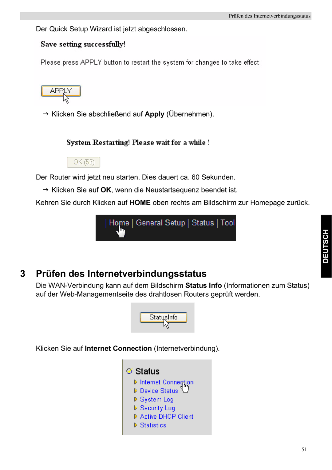 Topcom WBR 7201 N manual Prüfen des Internetverbindungsstatus 