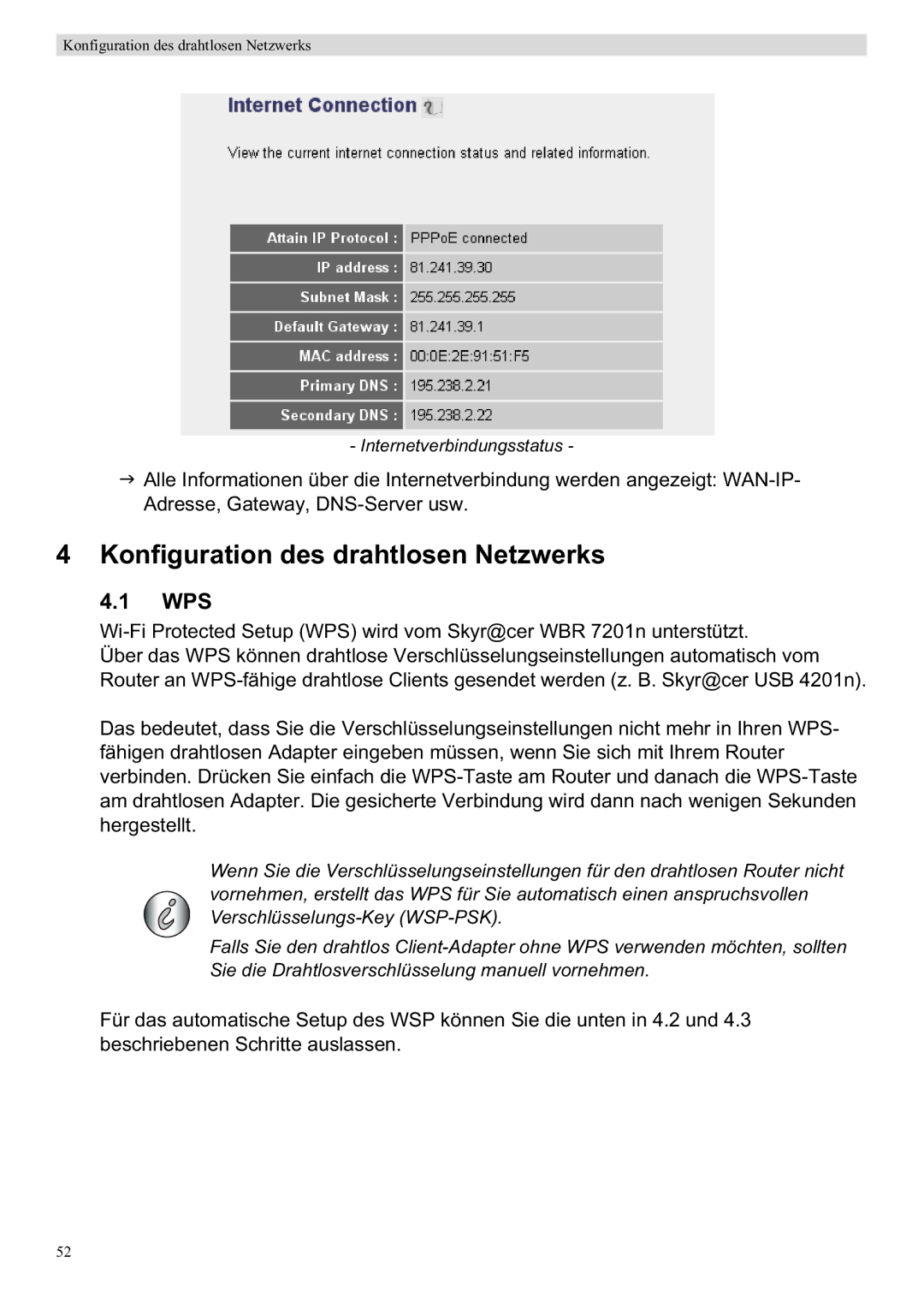 Topcom WBR 7201 N manual Konfiguration des drahtlosen Netzwerks, Wps 